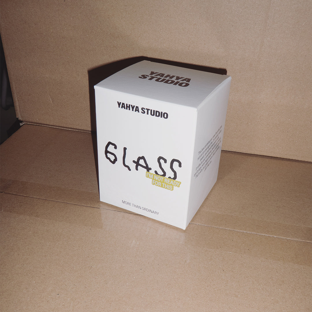 DESIGNER LARGE GLASS WITH MOTIVE IM NOT READY FOR THIS.
WHITE PACKAGING WITH INFORMATION OF PRODUCT IN FRONT AND ON SIDE.
DESIGNER GLASSES WITH VERY THIN WALLS AND BLACK ONE COLORED ILLUSTRATION ON THE FRONT. ILLUSTRATION BY ARTIST, ILLUSTRATOR, CO-FOUNDER JOHANNA SCHWARZER.