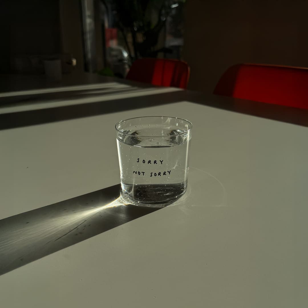 Medium Designer-Trinkglas mit sehr dünnen Glaswänden und einer schwarzen, einfarbigen Illustration auf der Vorderseite. Das Motiv zeigt eine Typografie in der geschrieben ist SORRY NOT SORRY.

Das Glas steht auf einem weißen Tisch in angenehmen Licht, dahinter stehen zwei orangene Stühle und mehrere Pflanzen. Das Glas ist mit Wasser befüllt.