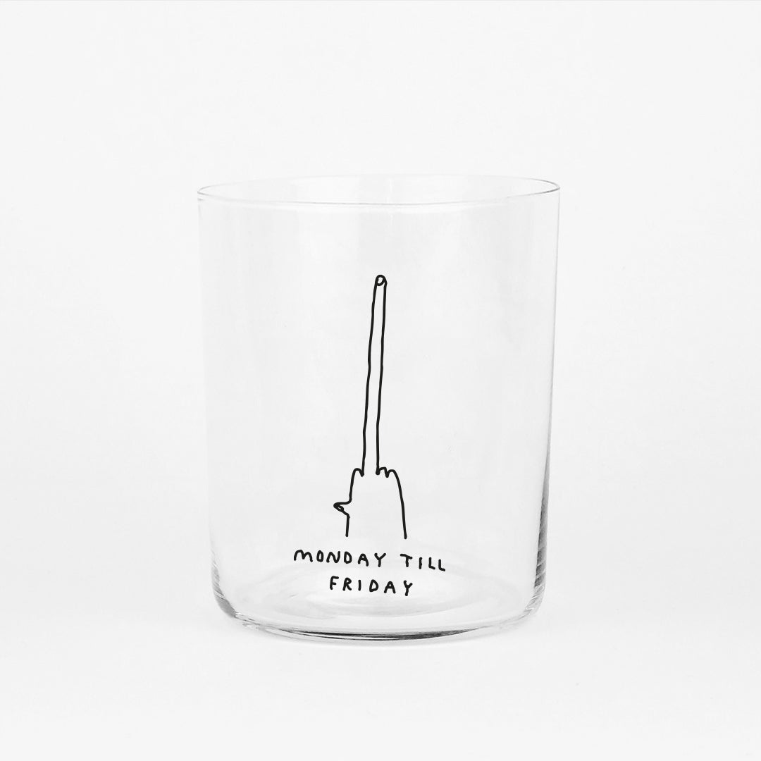 DESIGNER LARGE GLASS WITH MOTIVE MONDAY TILL FRIDAY
DESIGNER GLASSES WITH VERY THIN WALLS AND BLACK ONE COLORED ILLUSTRATION ON THE FRONT. ILLUSTRATION BY ARTIST, ILLUSTRATOR, CO-FOUNDER JOHANNA SCHWARZER.