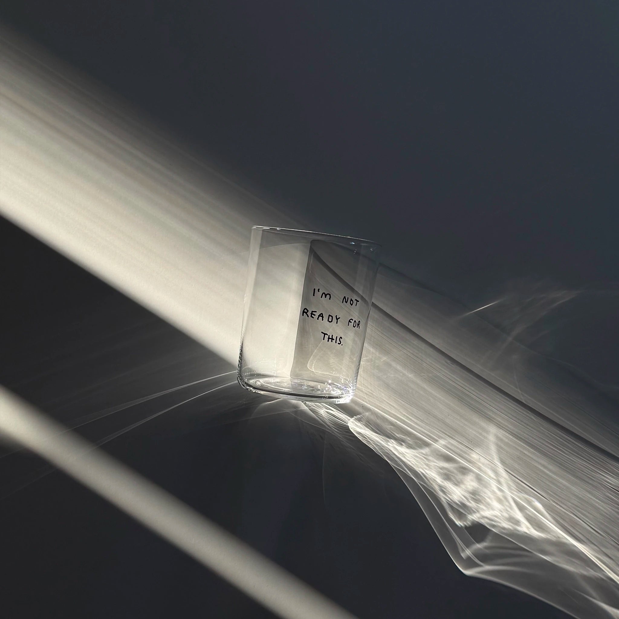 Großes Designer-Trinkglas mit sehr dünnen Glaswänden und einer schwarzen, einfarbigen Illustration auf der Vorderseite. Das Motiv zeigt ein Glas unter Wasser mit einem Schwamm darin und den Text „I’m not ready for this“. Illustration von Johanna Schwarzer.

Das Glas liegt auf einem weißen Tisch in einem sehr friedlichen Lichteinfall. 