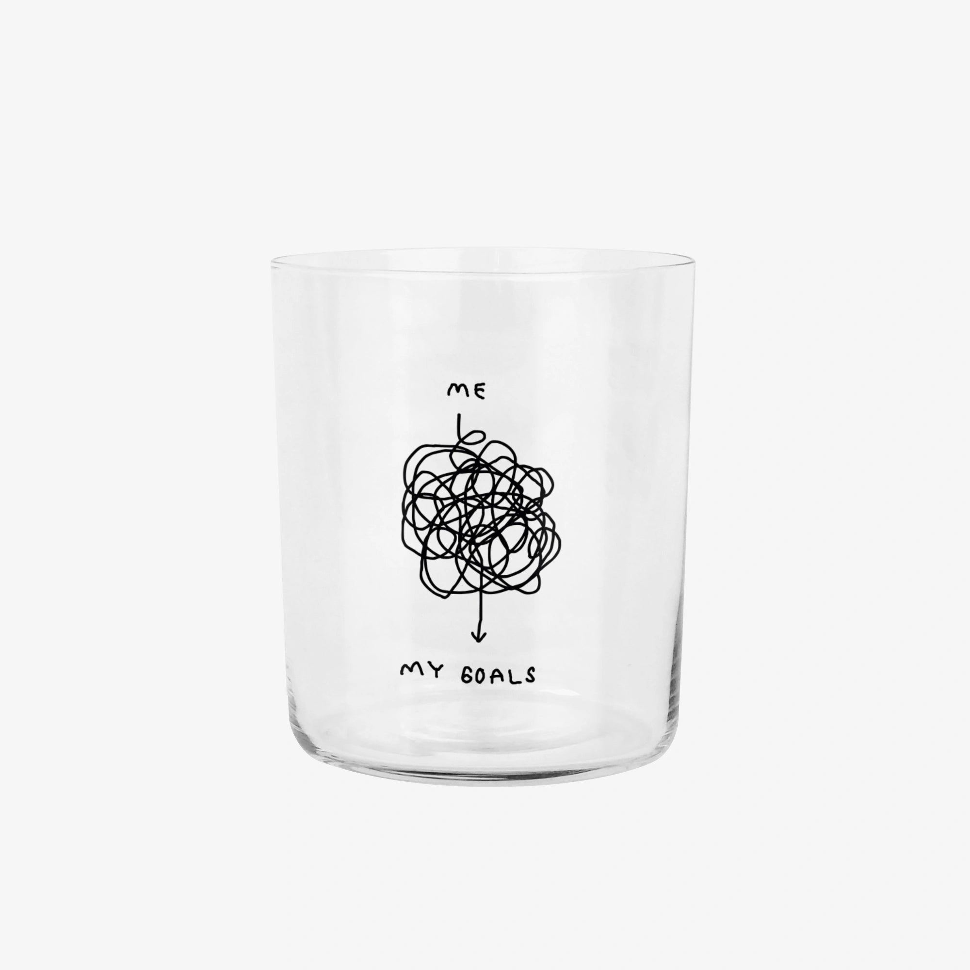 Großes 500ML Designer Glas „Me and My Goals“ mit sehr dünnen Glaswänden und minimalistischer schwarzer Illustration auf der Vorderseite, gestaltet von der Künstlerin und Illustratorin Johanna Schwarzer.

Das Motiv beschreibt den Weg "me" und "my goals" - verbunden werden die beiden Punktevon einer sehr langen wirren Linie die sehr viele Kurven und Kreise dreht.